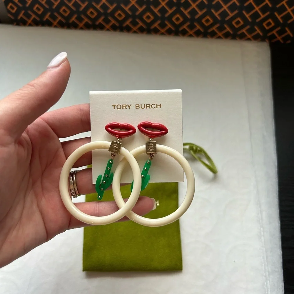Tory Burch Cactus Earrings Red White Green Gold